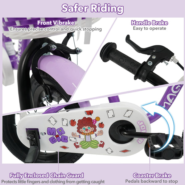 Magic Purple 12-inch kids bike with training wheels for ages 3-4, shown from angle 11. Perfect for young riders!