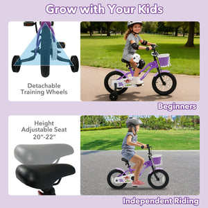 12-inch magic purple kids bike with training wheels for ages 3-4, angled view showcasing design and safety features.