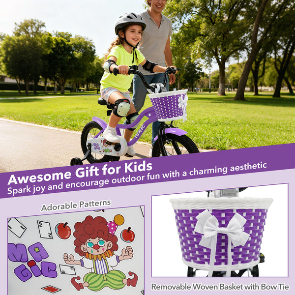 12-inch magic purple kids bike with training wheels for ages 3-4, angled view showcasing design and features.