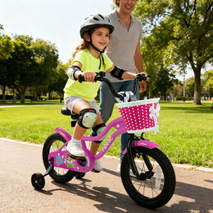 12-inch kids bike with training wheels in Magic Rose color for ages 3-4, viewed at a 30-degree angle.