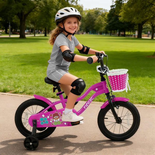 12-inch Magic Rose kids bike with training wheels for ages 3-4, angled view showcasing vibrant design and safety features.