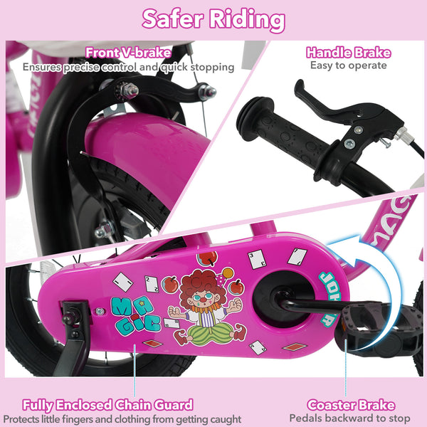 12-inch kids bike with training wheels in Magic Rose color for ages 3-4, viewed at angle 14.