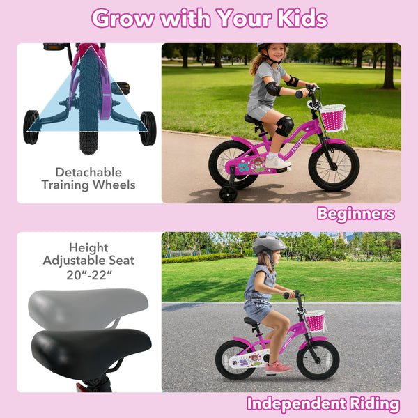 12-inch kids bike with training wheels in Magic Rose color, perfect for ages 3-4, viewed from angle 12.