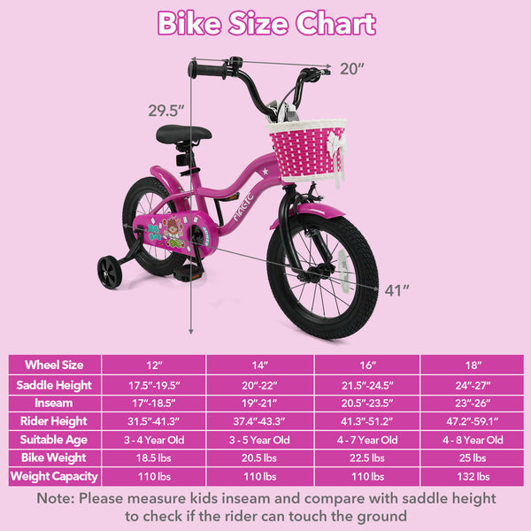 12-inch kids bike with training wheels in Magic Rose color, perfect for ages 3-4, angled view.