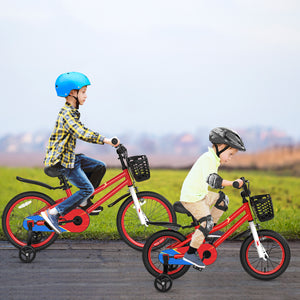 14-inch red kids bike with blue helmet and protective set, perfect for safe outdoor play.