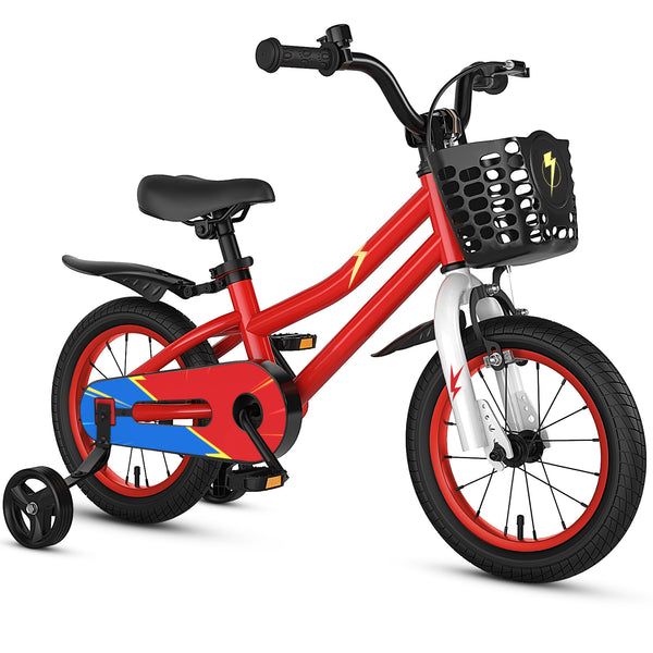 14-inch red kids bike with blue helmet and protective set, perfect for safe outdoor play and adventure.