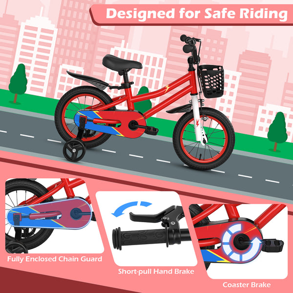 14-inch red kids bike with blue helmet and protective set, perfect for safe outdoor fun and adventures.