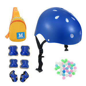 14-inch red kids bike with blue helmet and protective set, perfect for safe outdoor play. Angle 3 view.