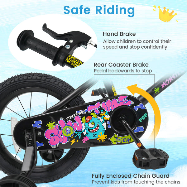 18 Inch Kids Bike with Training Wheels for Ages 4-8 Years Old Black- Street Art Time