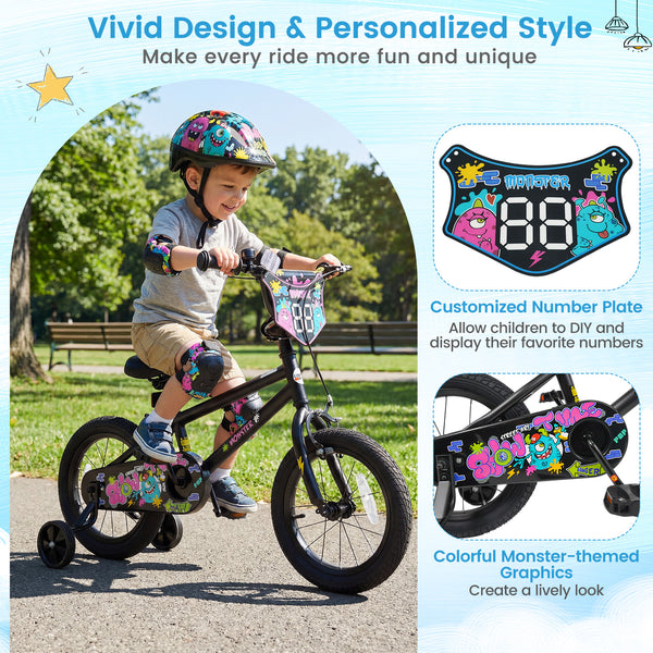 18 Inch Kids Bike with Training Wheels for Ages 4-8 Years Old Black- Street Art Time