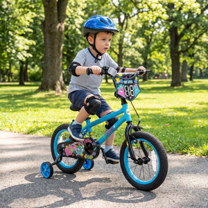 16 Inch Kids Bike with Training Wheels for Ages 4-7 Years Old Blue- Street Art Time