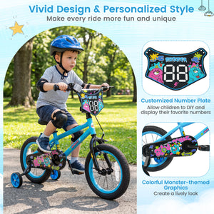 16 Inch Kids Bike with Training Wheels for Ages 4-7 Years Old Blue- Street Art Time
