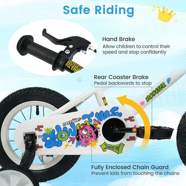12-inch kids bike with training wheels for ages 3-4, white with street art design, angled view.