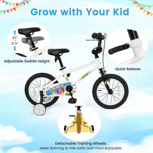 12-inch white kids bike with training wheels for ages 3-4, featuring street art design, angled view.