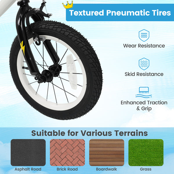 12-inch white kids bike with training wheels for ages 3-4, featuring street art design, angled view.