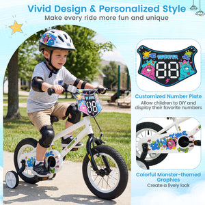 12-inch kids bike with training wheels for ages 3-4, white with street art design, angled view.