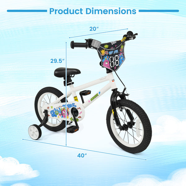 12-inch kids bike with training wheels for ages 3-4, white with street art design, angled view.
