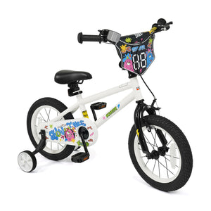 12-inch white kids bike with training wheels for ages 3-4, featuring street art design, angled view.