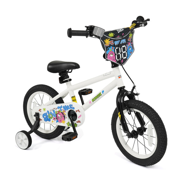 12-inch white kids bike with training wheels for ages 3-4, featuring street art design, angled view.