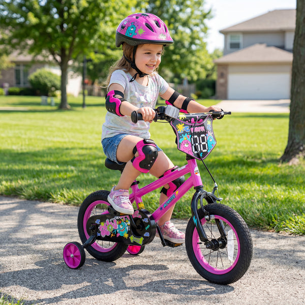 Pink 12-inch kids bike with training wheels for ages 3-4, featuring street art design, angled view.