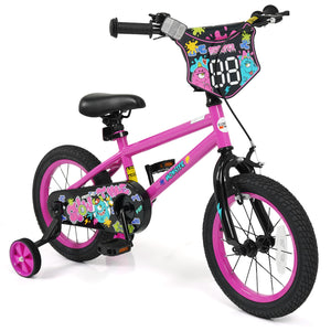 12-inch pink kids bike with training wheels for ages 3-4, featuring street art design, angled view.