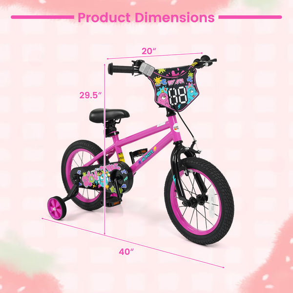 12-inch pink kids bike with training wheels for ages 3-4, featuring street art design, angled view.