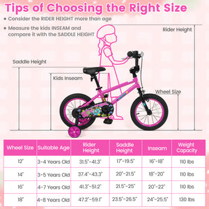Pink 12-inch kids bike with training wheels for ages 3-4, featuring street art design, angled view.