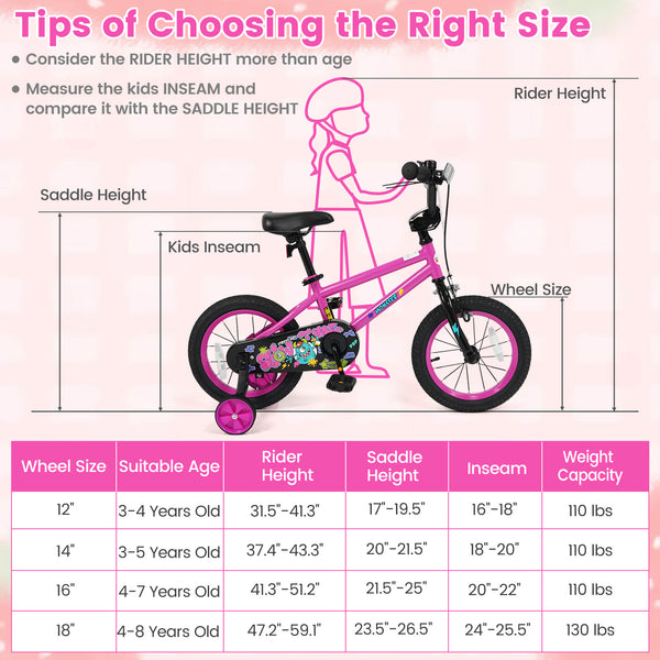 Pink 12-inch kids bike with training wheels for ages 3-4, featuring street art design, angled view.