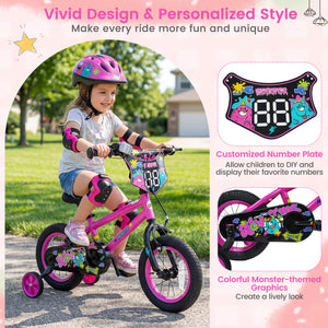12-inch pink kids bike with training wheels for ages 3-4, featuring street art design, angled view.