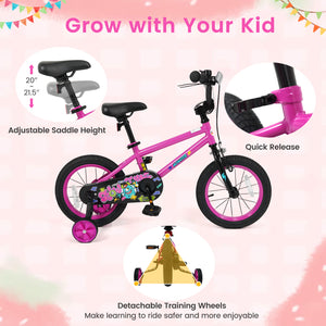 12-inch pink kids bike with training wheels for ages 3-4, featuring street art design, angled view.