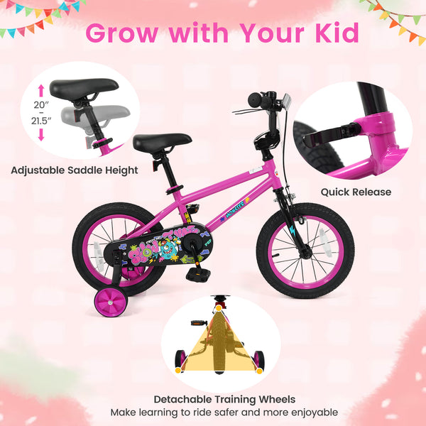 12-inch pink kids bike with training wheels for ages 3-4, featuring street art design, angled view.