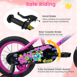 12-inch pink kids bike with training wheels for ages 3-4, featuring street art design, shown at angle 21.