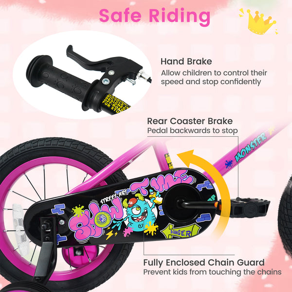 12-inch pink kids bike with training wheels for ages 3-4, featuring street art design, shown at angle 21.