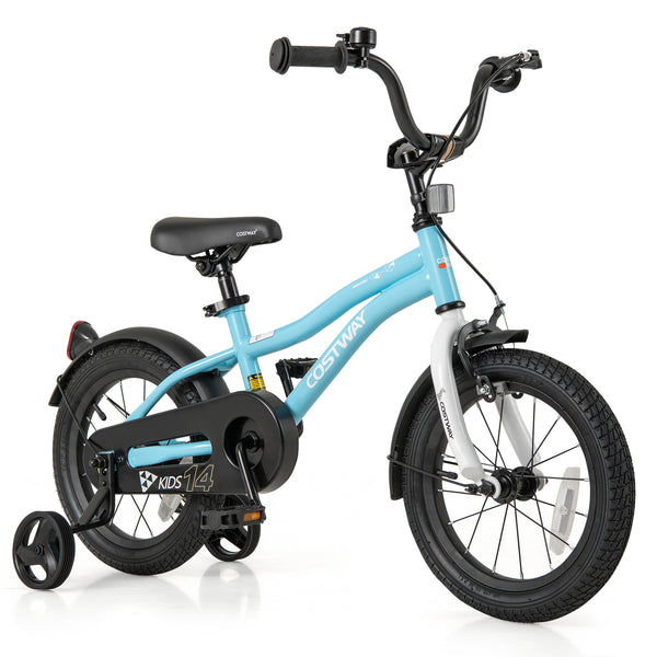 14-inch kids bike with training wheels for ages 3-5, angled view showcasing vibrant design and safety features.