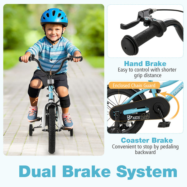 14-inch kids bike with training wheels for ages 3-5, colorful design, perfect for outdoor play and learning to ride.