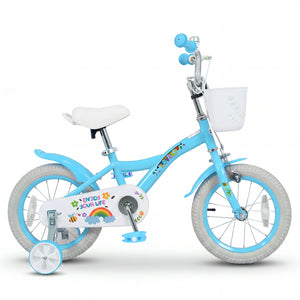 12-inch girls bike for ages 3-4, blue with training wheels and basket, perfect for spring parties.