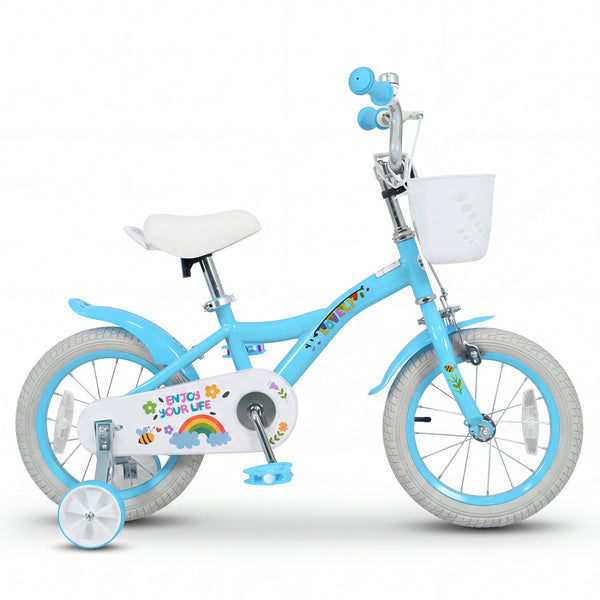 12-inch girls bike for ages 3-4, blue with training wheels and basket, perfect for spring parties.