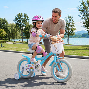 12-inch girls bike for ages 3-4, blue with training wheels and basket, perfect for spring parties.
