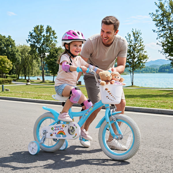 12-inch girls bike for ages 3-4, blue with training wheels and basket, perfect for spring parties.
