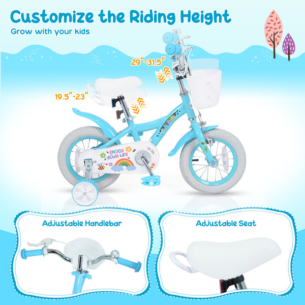12-inch girls bike for ages 3-4, blue with training wheels and basket, perfect for spring parties.