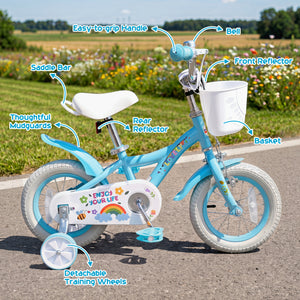 12-inch girls bike for ages 3-4, blue with training wheels and basket, perfect for spring parties. Angle 14 view.