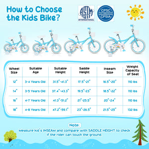 12-inch girls bike for 3-4 years with training wheels and basket in Spring Party Blue, angled view.