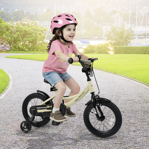 12-inch kids bike with removable training wheels, angled view, perfect for young riders learning to balance.