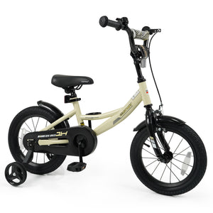 12-inch kids bike with removable training wheels, angled view showcasing vibrant design and safety features.