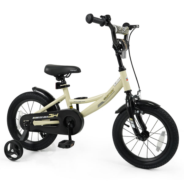 12-inch kids bike with removable training wheels, angled view showcasing vibrant design and safety features.
