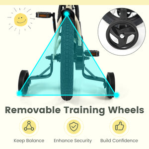 12-inch kids bike with removable training wheels, angled view showcasing vibrant colors and sporty design.