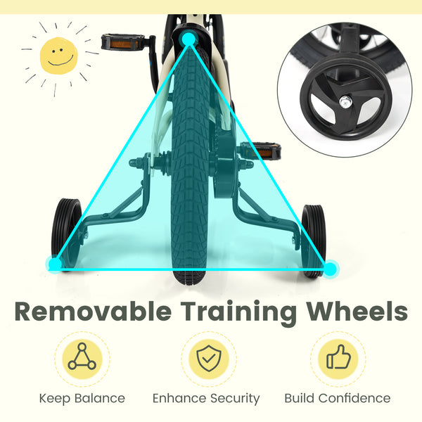 12-inch kids bike with removable training wheels, angled view showcasing vibrant colors and sporty design.