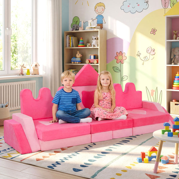 14 Piece Pink Kids Play Couch Modular Foam Climbing Blocks for Ages 3+, Angle 2 View.