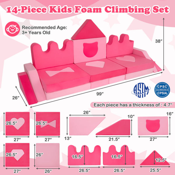14-piece pink modular foam climbing blocks for kids 3+ years, perfect for play and creativity.