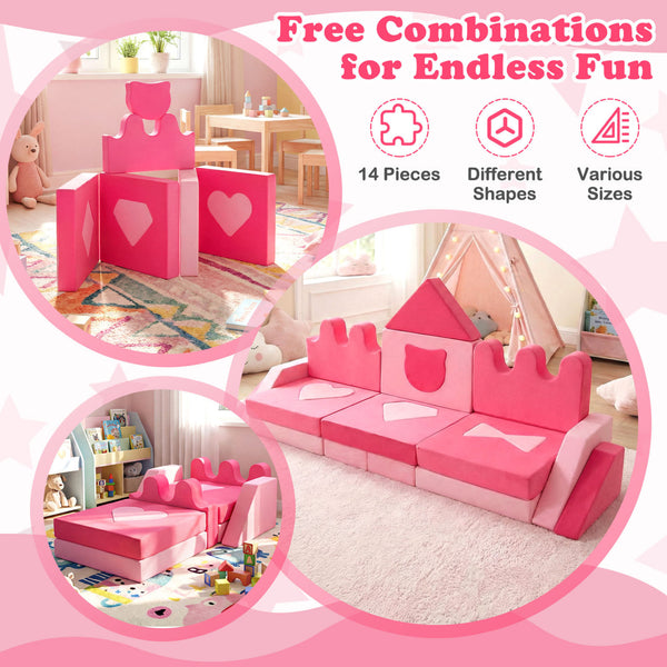 14-piece pink modular foam climbing blocks for kids 3+, perfect for playtime and creativity.